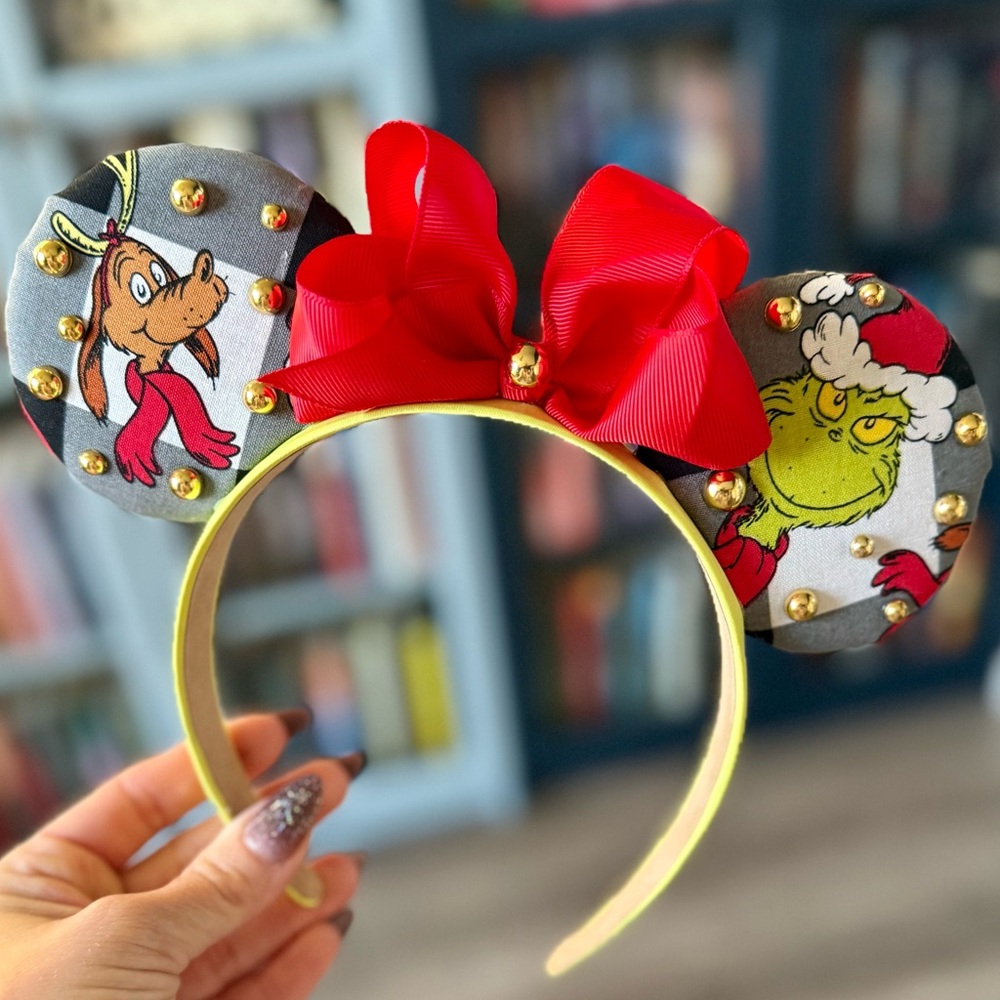 SOLD Grinch and Max Mouse Ears Headband with Red Bow